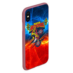 Чехол iPhone XS Max матовый Extreme motocross: мотоциклист на фоне огня, цвет: 3D-малиновый — фото 2