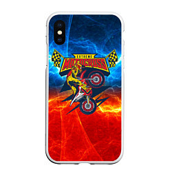 Чехол iPhone XS Max матовый Extreme motocross: мотоциклист на фоне огня, цвет: 3D-белый