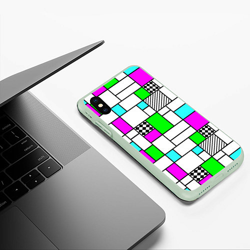 Чехол iPhone XS Max матовый Неоновый геометрический узор с черными линиями / 3D-Салатовый – фото 3