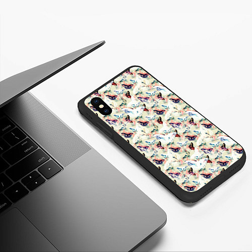 Чехол iPhone XS Max матовый Белые, синие бабочки на светлом пятнистом фоне / 3D-Черный – фото 3