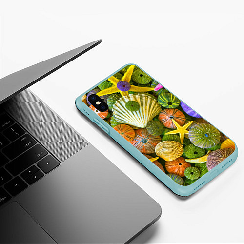 Чехол iPhone XS Max матовый Композиция из морских звёзд и ракушек / 3D-Мятный – фото 3