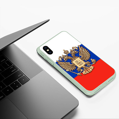 Чехол iPhone XS Max матовый Герб России на фоне флага / 3D-Салатовый – фото 3