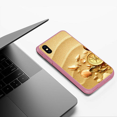 Чехол iPhone XS Max матовый Композиция из ракушек и компаса на песке / 3D-Малиновый – фото 3