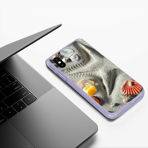 Чехол iPhone XS Max матовый Звезда из песка, ракушки и две жемчужины / 3D-Светло-сиреневый – фото 3
