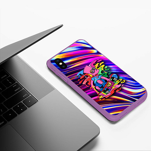 Чехол iPhone XS Max матовый Скейтбордист Барт Симпсон на фоне разноцветных кля / 3D-Фиолетовый – фото 3