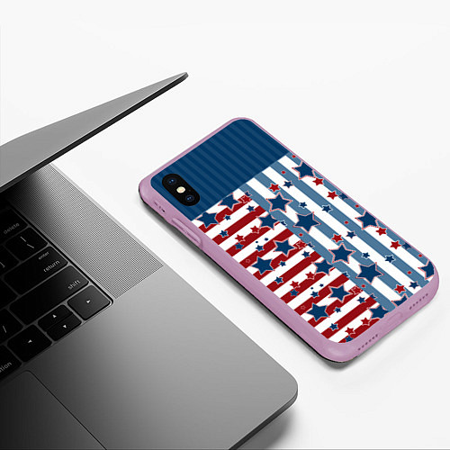 Чехол iPhone XS Max матовый Blue stars on a striped pattern / 3D-Сиреневый – фото 3