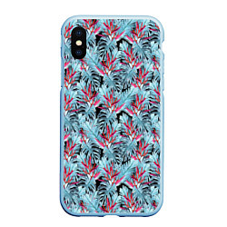 Чехол iPhone XS Max матовый Голубые тропические листья и цветы, цвет: 3D-голубой