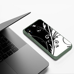 Чехол iPhone XS Max матовый Симметричные чёрно белые цветы Symmetrical black a, цвет: 3D-темно-зеленый — фото 2