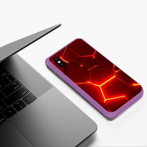 Чехол iPhone XS Max матовый Красные неоновые геометрические плиты / 3D-Фиолетовый – фото 3