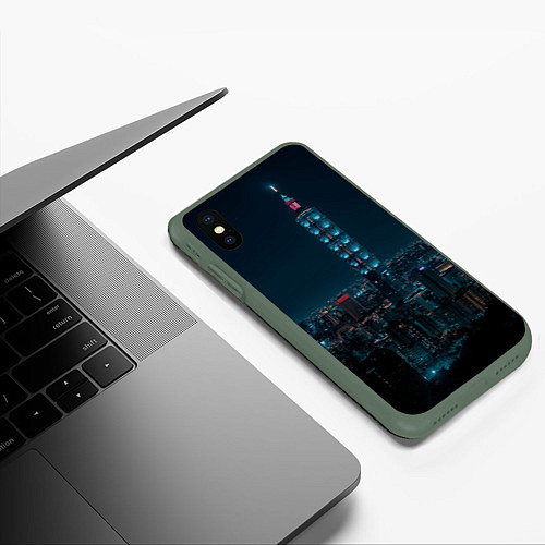 Чехол iPhone XS Max матовый Ночной неоновый город / 3D-Темно-зеленый – фото 3