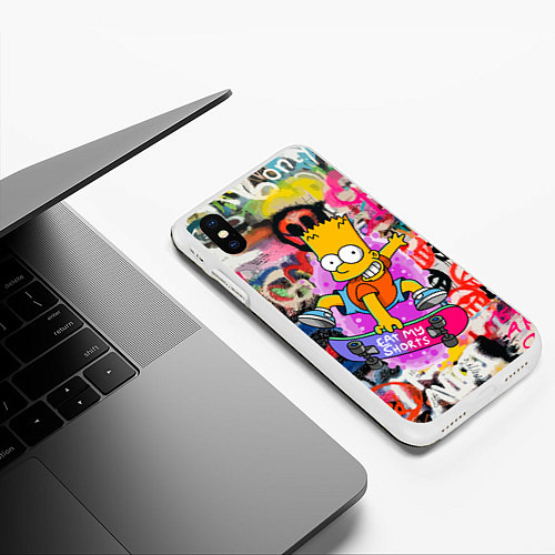 Чехол iPhone XS Max матовый Скейтбордист Барт Симпсон на фоне стены с граффити / 3D-Белый – фото 3