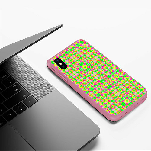 Чехол iPhone XS Max матовый Желтый, зеленый, малиновый калейдоскопический неон / 3D-Малиновый – фото 3