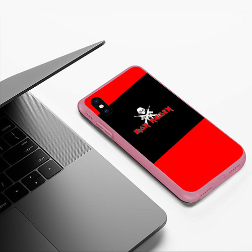 Чехол iPhone XS Max матовый Iron Maiden - красные полосы / 3D-Малиновый – фото 3