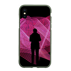 Чехол iPhone XS Max матовый Неоновые розовые волны и силуэт человека, цвет: 3D-темно-зеленый