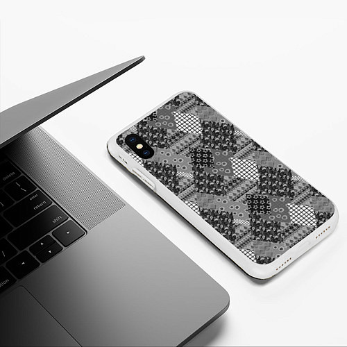 Чехол iPhone XS Max матовый Black and White Ethnic Patchwork Pattern / 3D-Белый – фото 3