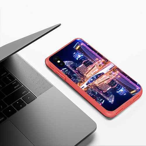 Чехол iPhone XS Max матовый Ночной Сингапур / 3D-Красный – фото 3