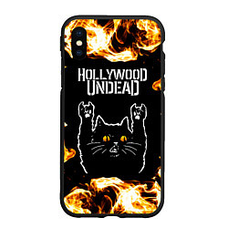 Чехол iPhone XS Max матовый Hollywood Undead рок кот и огонь, цвет: 3D-черный