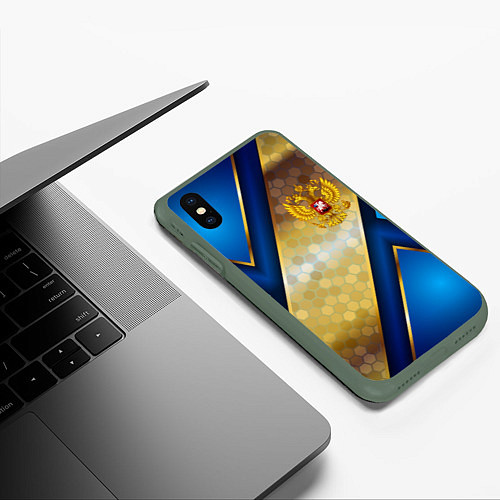 Чехол iPhone XS Max матовый Золотой герб России на синем объемном фоне / 3D-Темно-зеленый – фото 3