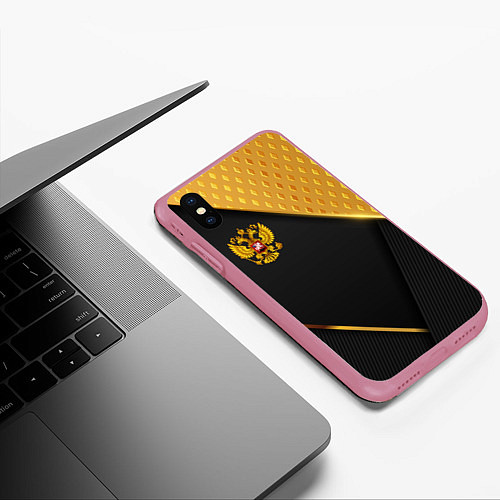 Чехол iPhone XS Max матовый Герб России на черном фоне с золотыми вставками / 3D-Малиновый – фото 3