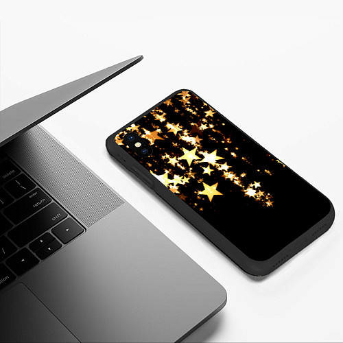 Чехол iPhone XS Max матовый Золотые праздничные звезды / 3D-Черный – фото 3