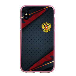 Чехол iPhone XS Max матовый Герб России черно-красный камуфляж, цвет: 3D-розовый