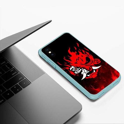 Чехол iPhone XS Max матовый Cyberpunk 2077 - Логотип в огне / 3D-Мятный – фото 3