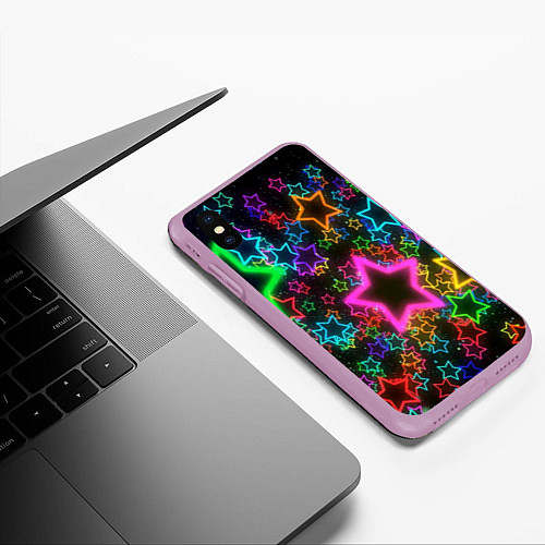 Чехол iPhone XS Max матовый Большие неоновые звезды / 3D-Сиреневый – фото 3