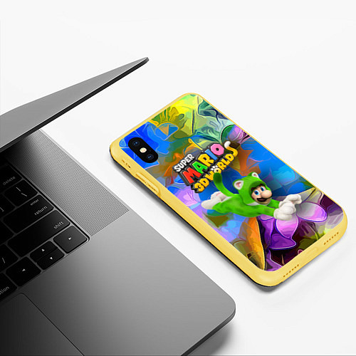 Чехол iPhone XS Max матовый Luigi cat - Super Mario 3D World - Nintendo / 3D-Желтый – фото 3