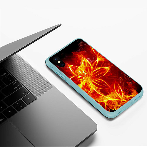 Чехол iPhone XS Max матовый Цветок из огня на чёрном фоне / 3D-Мятный – фото 3