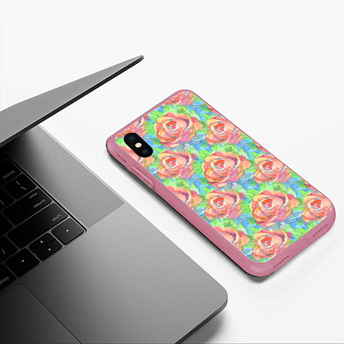 Чехол iPhone XS Max матовый Алые розы акварель / 3D-Малиновый – фото 3