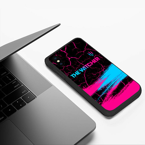 Чехол iPhone XS Max матовый The Witcher - neon gradient: символ сверху / 3D-Черный – фото 3