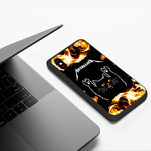 Чехол iPhone XS Max матовый Metallica рок кот и огонь / 3D-Черный – фото 3