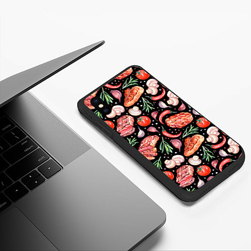 Чехол iPhone XS Max матовый Мясо, помидоры, шампиньоны / 3D-Черный – фото 3