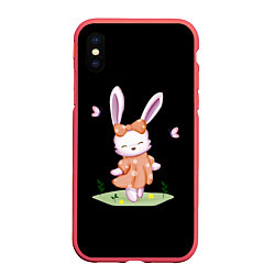 Чехол iPhone XS Max матовый Крольчонок С Бантиком На Чёрном Фоне, цвет: 3D-красный