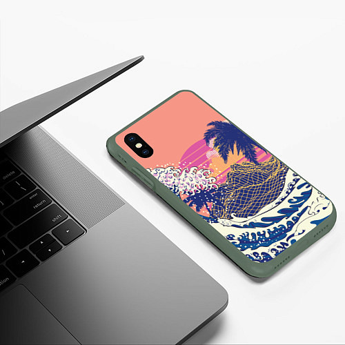 Чехол iPhone XS Max матовый Ретро дизайн большие волны, пальмы и абстрактные г / 3D-Темно-зеленый – фото 3