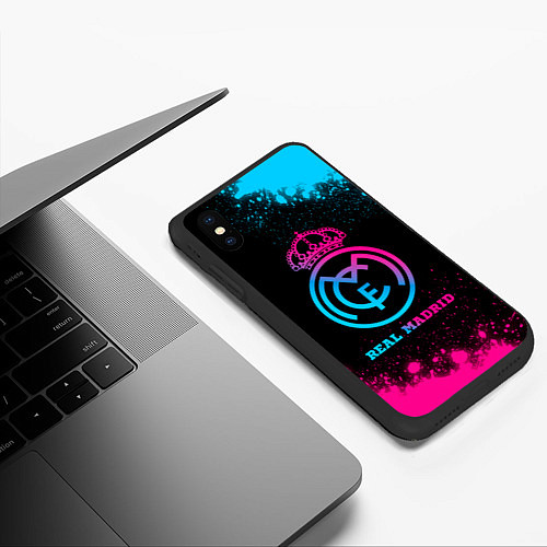 Чехол iPhone XS Max матовый Real Madrid - neon gradient / 3D-Черный – фото 3