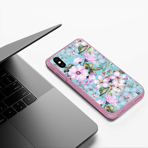 Чехол iPhone XS Max матовый Яблоня в цвету акварель / 3D-Розовый – фото 3