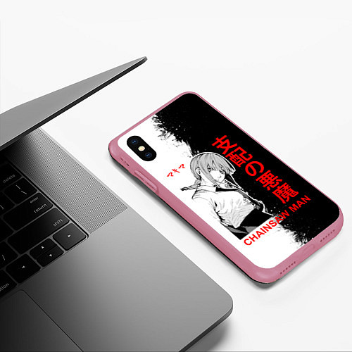 Чехол iPhone XS Max матовый Макима - Черно-белый - Человек бензопила / 3D-Малиновый – фото 3