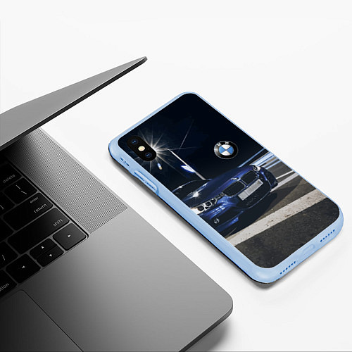 Чехол iPhone XS Max матовый BMW на ночной трассе / 3D-Голубой – фото 3