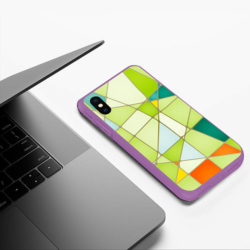 Чехол iPhone XS Max матовый Абстрактный салатовый стеклянный паттерн / 3D-Фиолетовый – фото 3