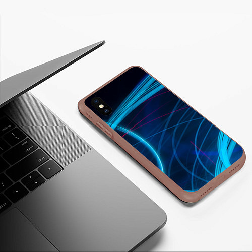 Чехол iPhone XS Max матовый Синие абстрактные линии в темноте / 3D-Коричневый – фото 3