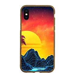Чехол iPhone XS Max матовый Тропический остров на закате ретро иллюстрация, цвет: 3D-коричневый