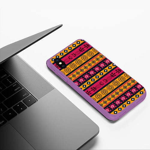 Чехол iPhone XS Max матовый Африканские узоры ромбики и ящерицы / 3D-Фиолетовый – фото 3
