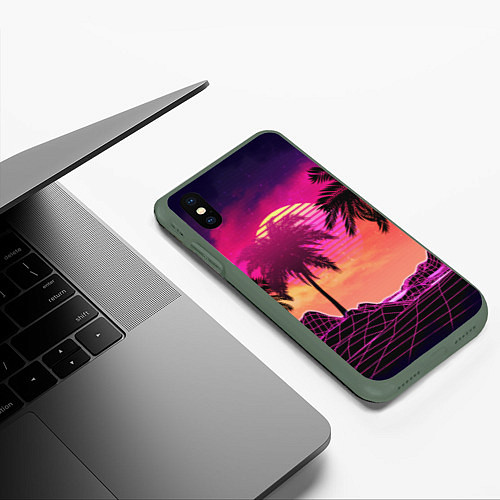 Чехол iPhone XS Max матовый Пальмы и пляж в розовом закате ретро дизайн / 3D-Темно-зеленый – фото 3