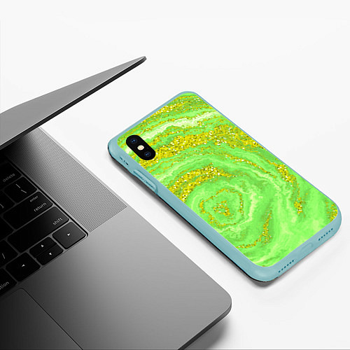 Чехол iPhone XS Max матовый Салатовая золотистая абстракция / 3D-Мятный – фото 3