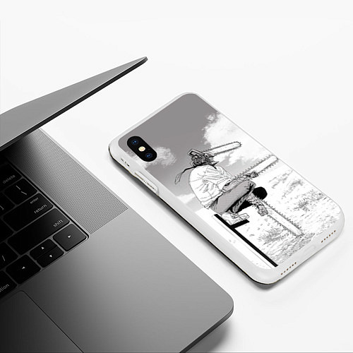 Чехол iPhone XS Max матовый Дэнжи - Человек бензопила / 3D-Белый – фото 3