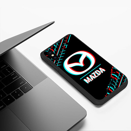 Чехол iPhone XS Max матовый Значок Mazda в стиле glitch на темном фоне / 3D-Черный – фото 3