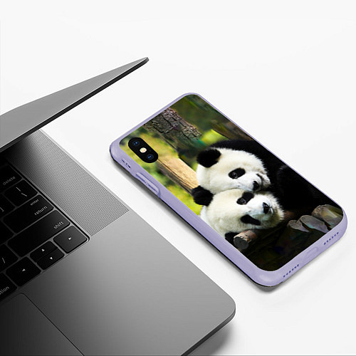 Чехол iPhone XS Max матовый Влюблённые панды / 3D-Светло-сиреневый – фото 3
