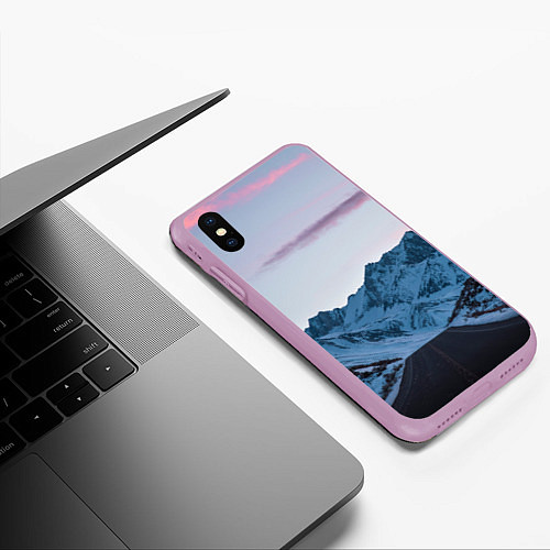 Чехол iPhone XS Max матовый Белые зимние горы с дорогой / 3D-Сиреневый – фото 3