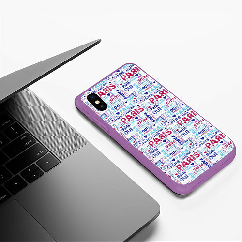 Чехол iPhone XS Max матовый Парижская бумага с надписями - текстура / 3D-Фиолетовый – фото 3